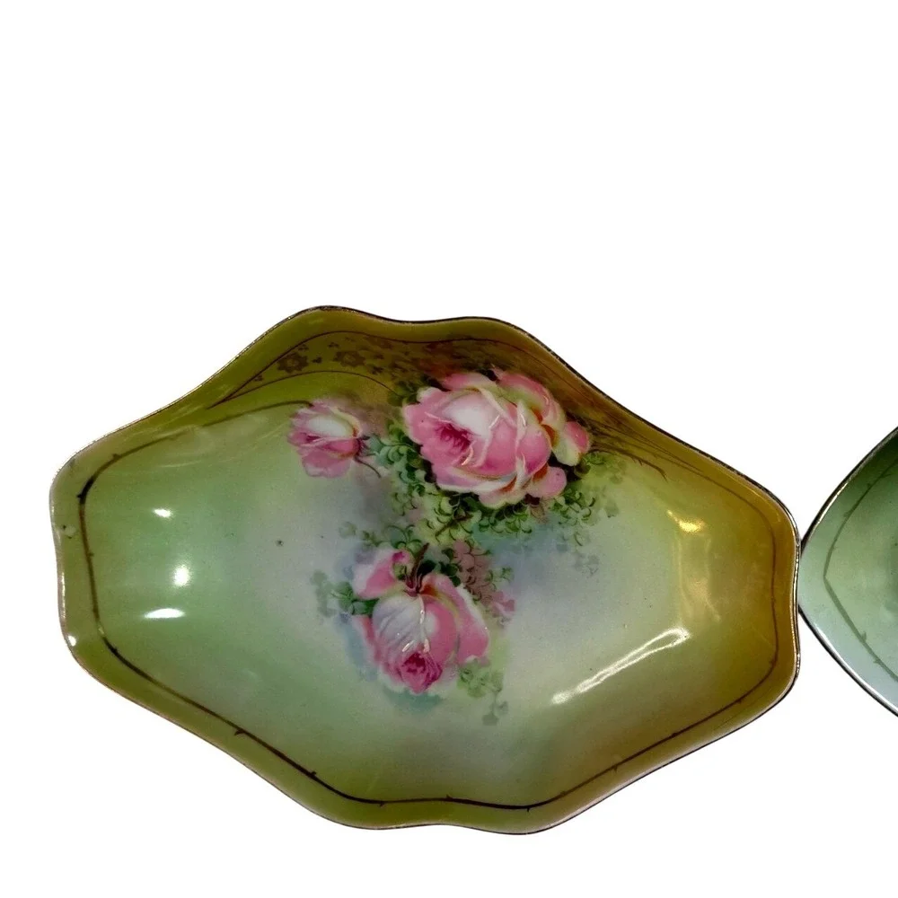 Royal Rudolstadt RS Germany Trinket Dish Set Small‎ Green Pink Yellow Good Roses